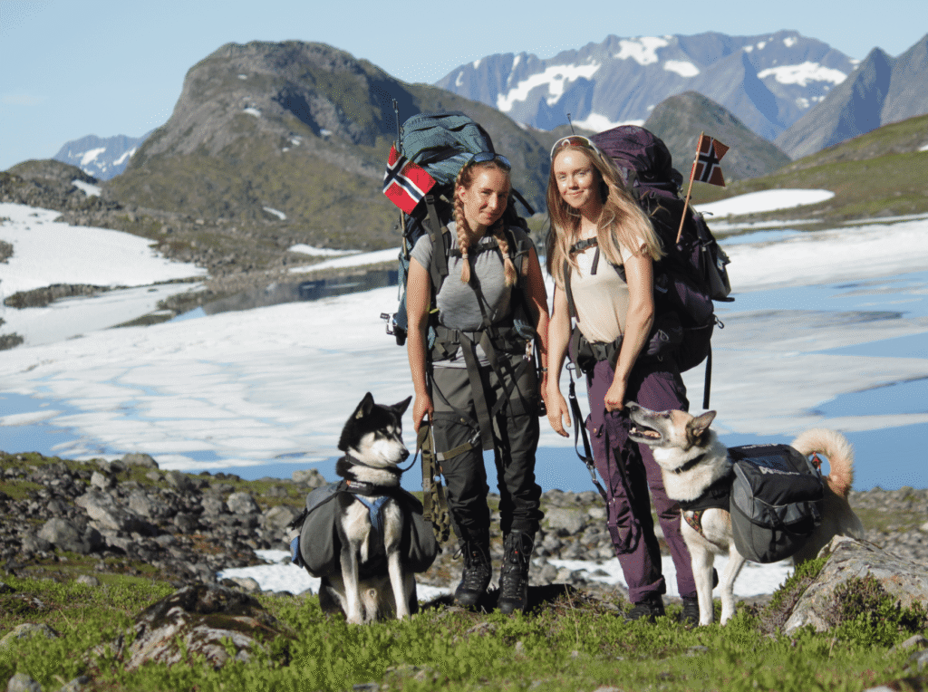 Two young women hiking with dogs in the scenic Norwegian mountains during summer.